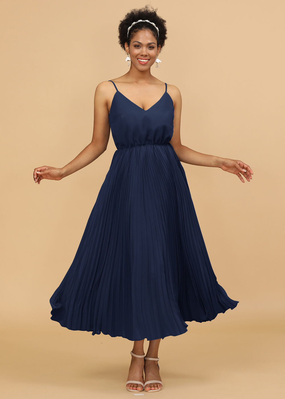 V-neck Spaghetti Strap Tea Length Bridesmaid Dress