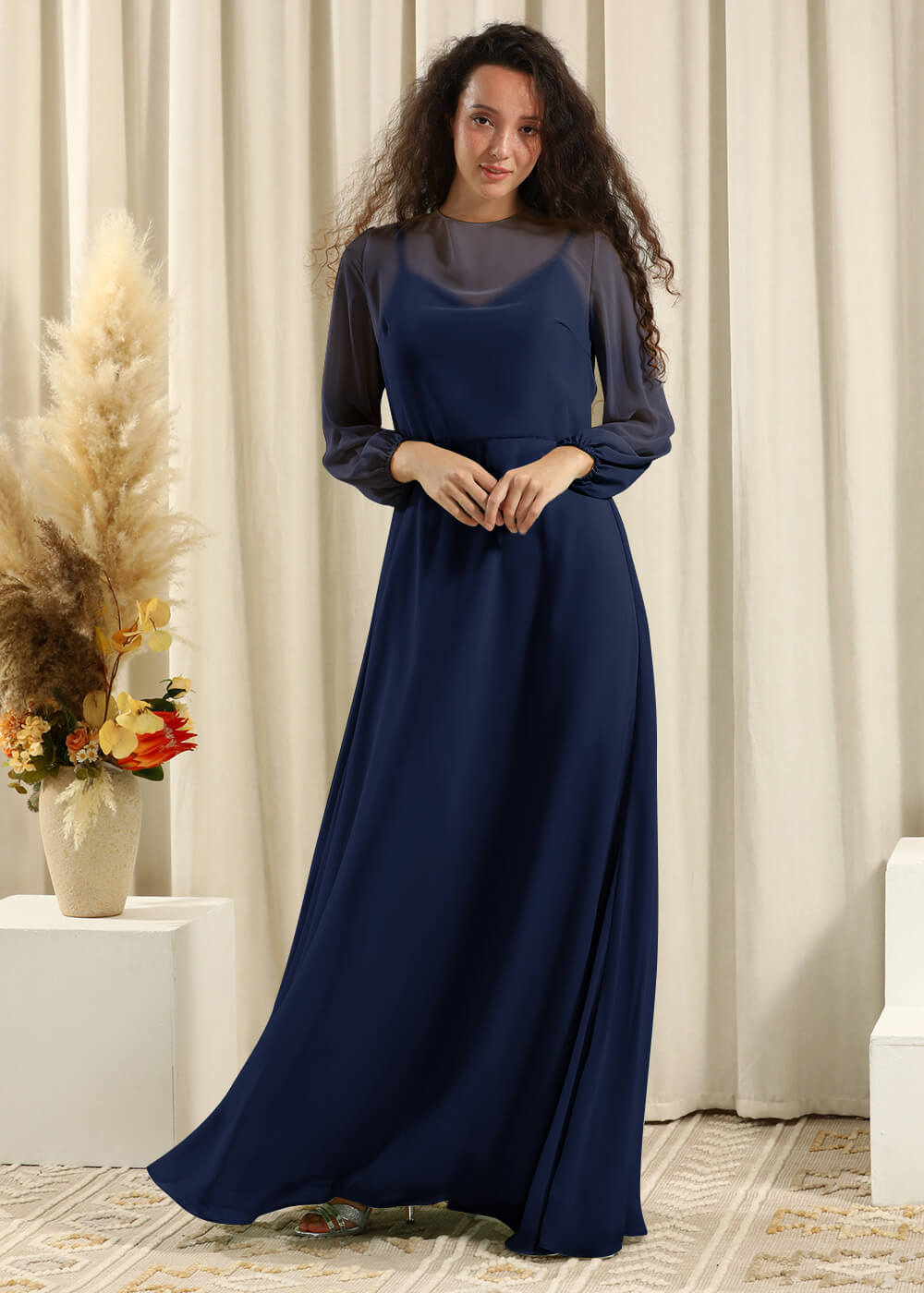 Long Sleeve A-line Chiffon Keyhole Back Bridesmaid Dress