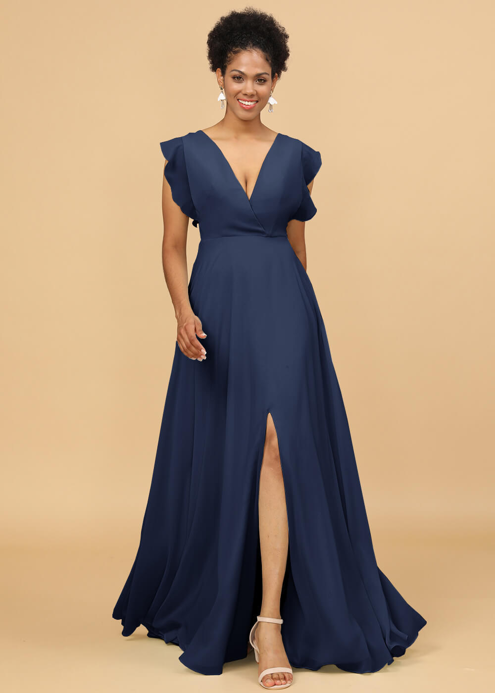 V-neck Ruffles Cap Sleeve Chiffon Bridesmaid Dress