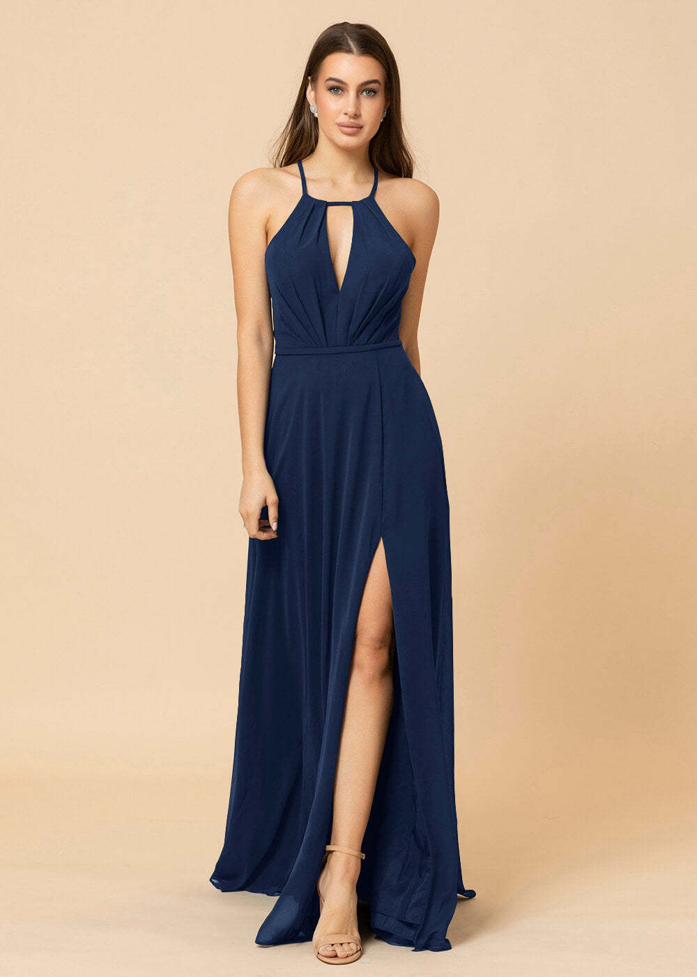 Halter Neck Chiffon Floor Length Bridesmaid Dress