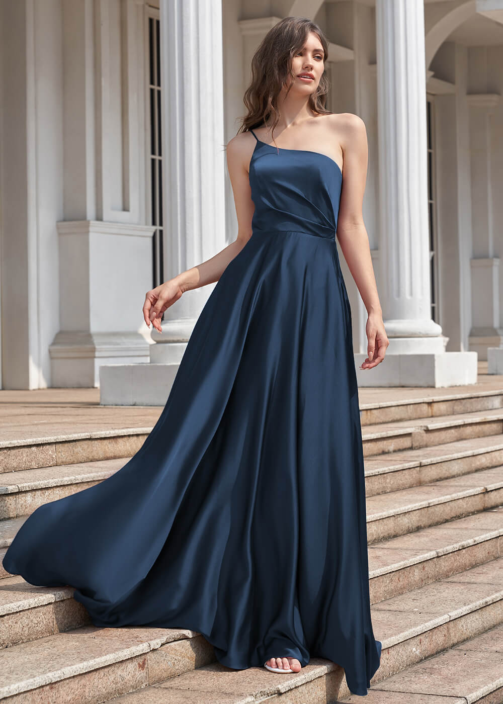 A-line Long One Shoulder Pleated Satin Bridesmaid Dress
