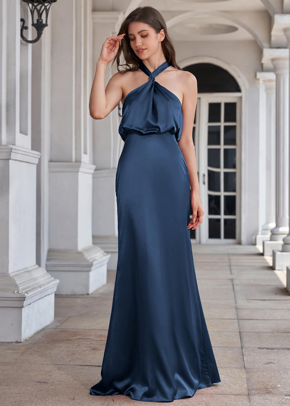 Halter Neck Sheath Satin Floor Length Bridesmaid Dress