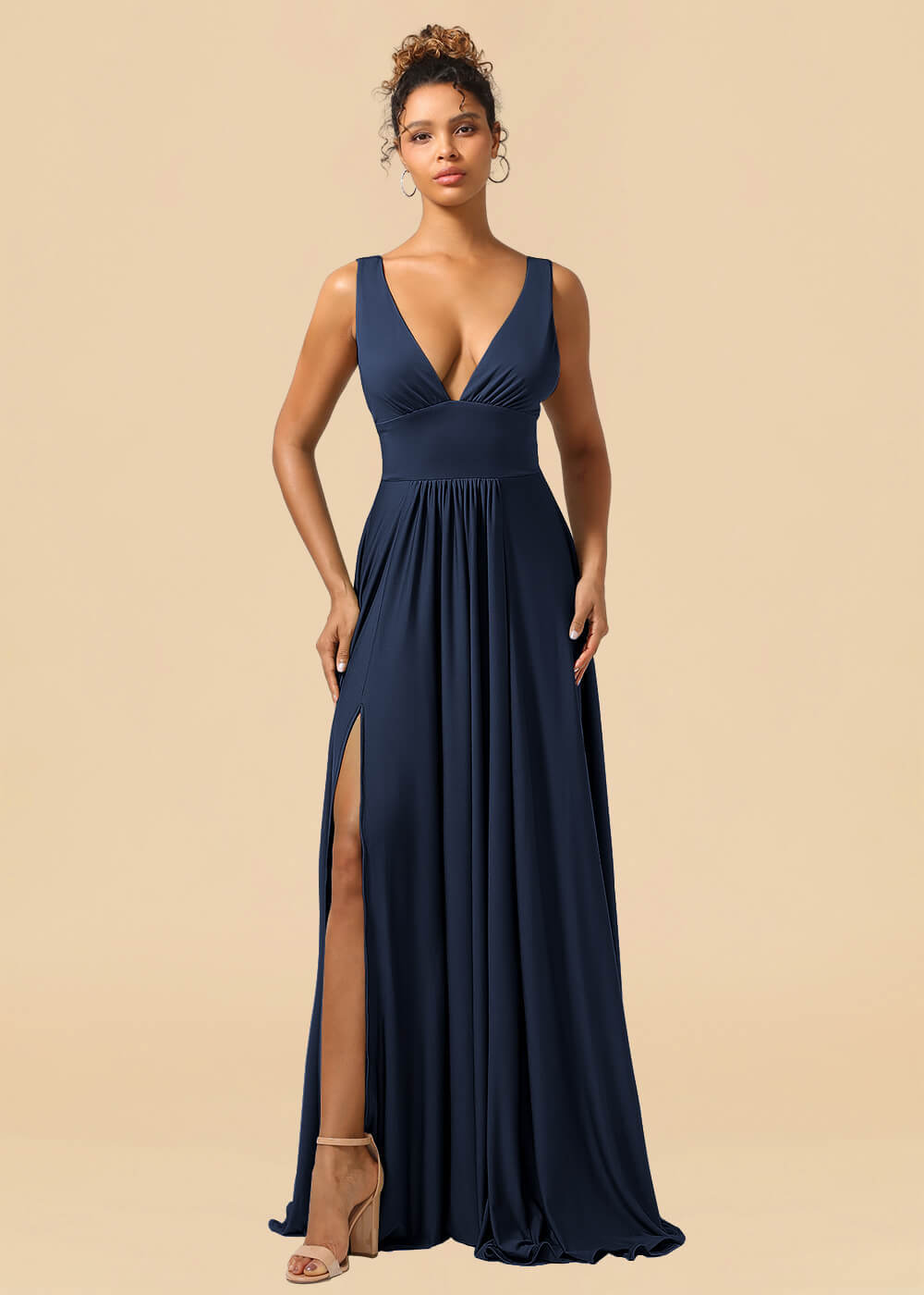 Deep V-neck Spandex A-line Maxi Bridesmaid Dress with Slit
