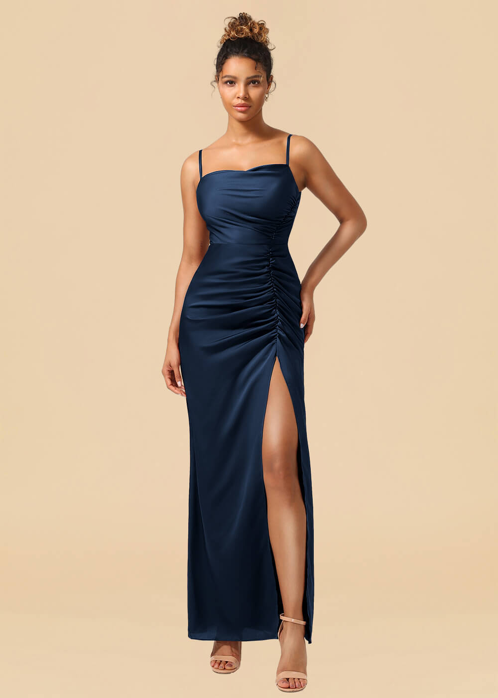 Sheath Satin Pleated Adjustable Spaghatti Strap Maxi Bridesmaid Dress