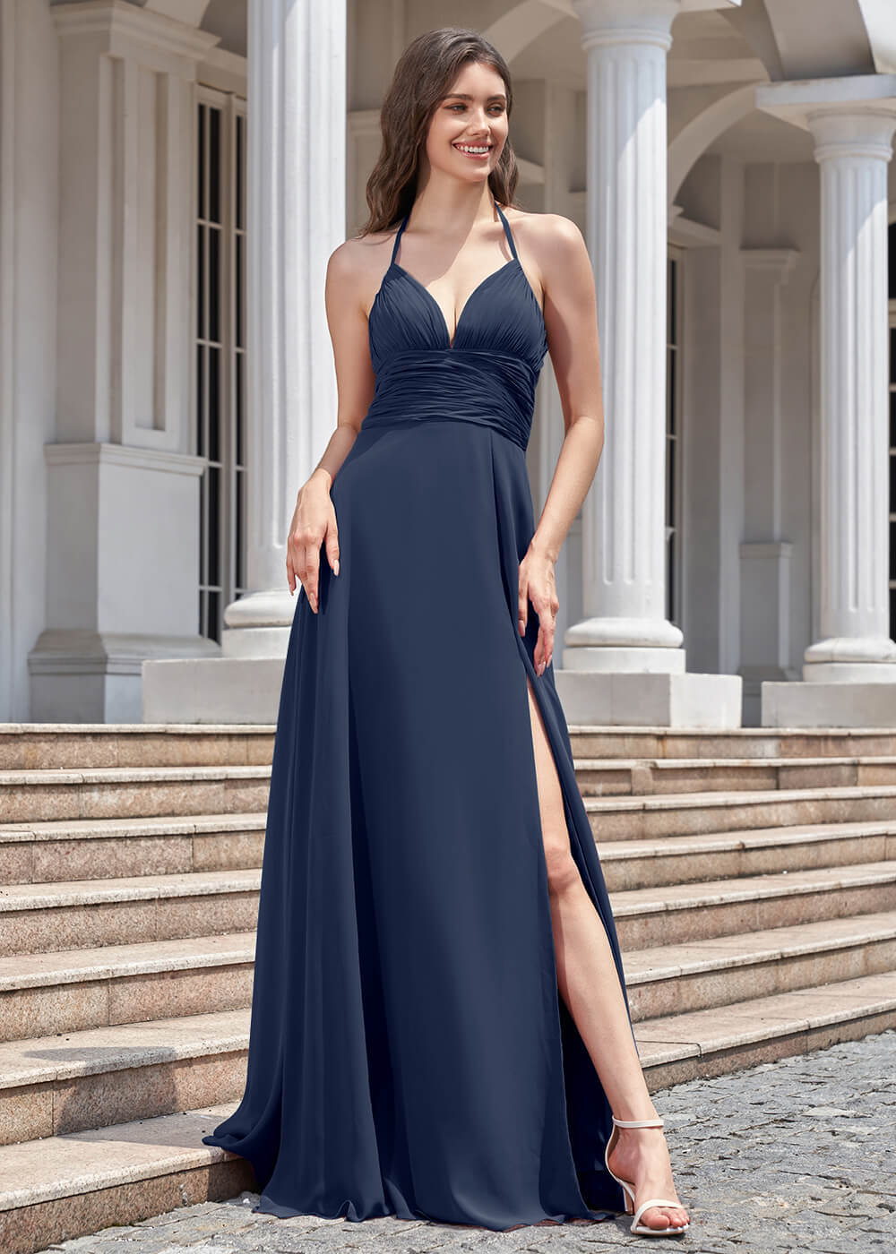 Deep V Halter Neck Pleated A-line Chiffon Long Bridesmaid Dress
