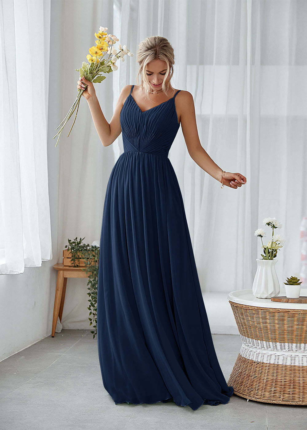 A-line V-neck Pleated Bridesmaid Dress