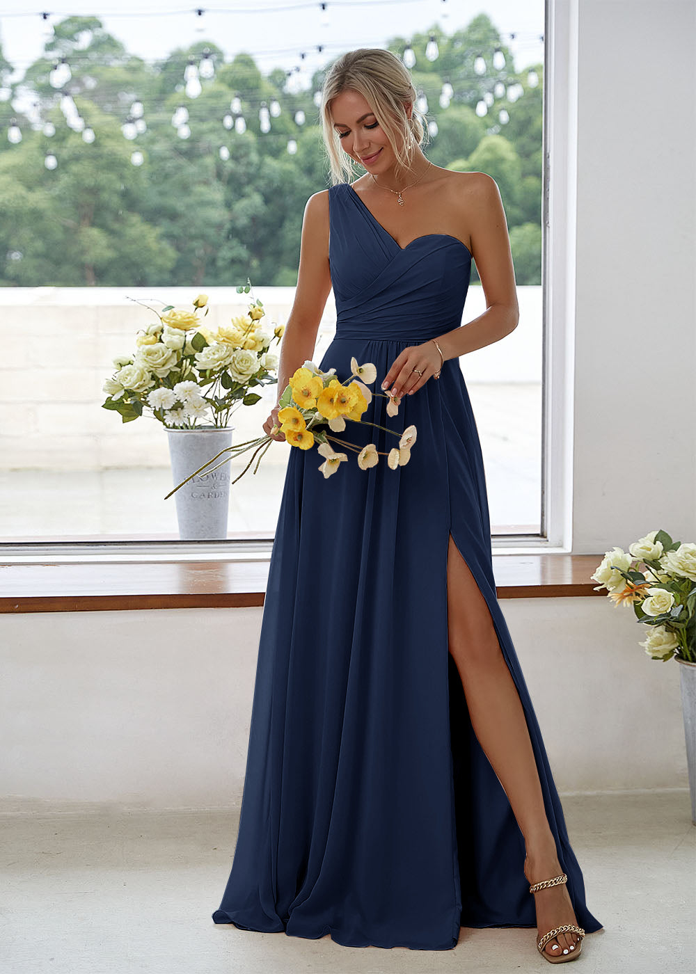 One-Shoulder Side Slit Chiffon A-line Maxi Bridesmaid Dress – Leely