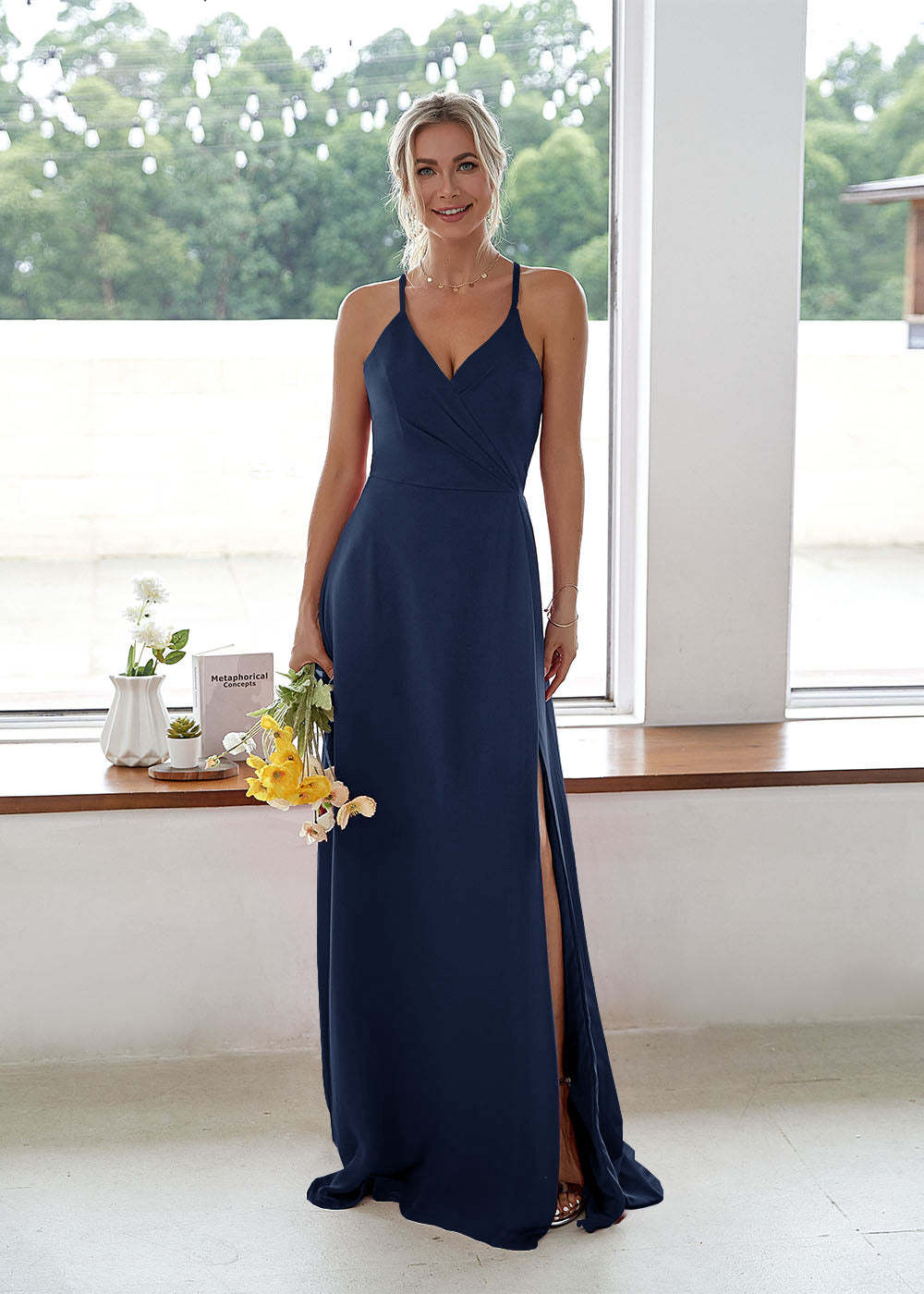 V-neck High Slit Bridesmaid Dress