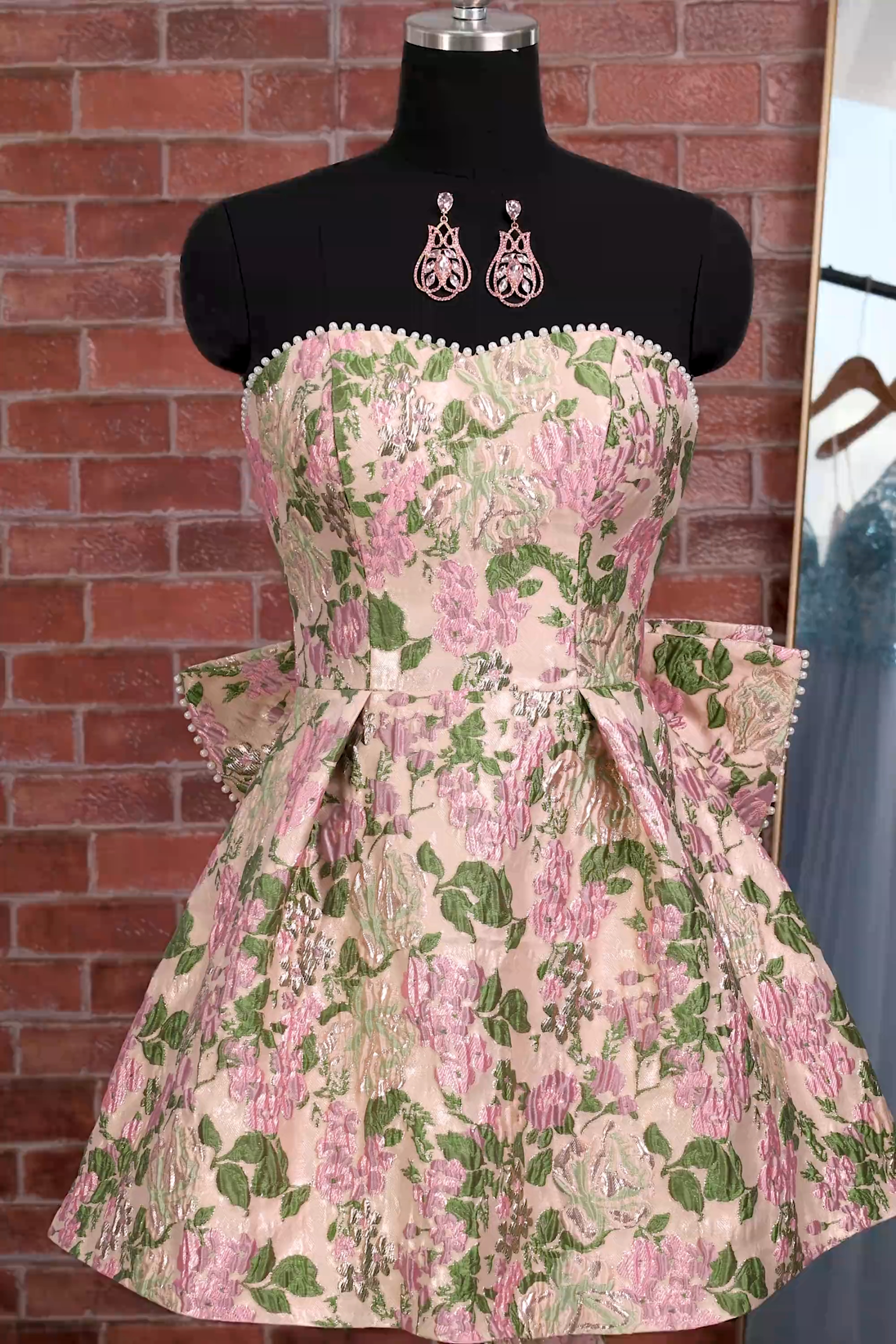 Pink Floral Beaded Short Homecoming Dress with Bow
