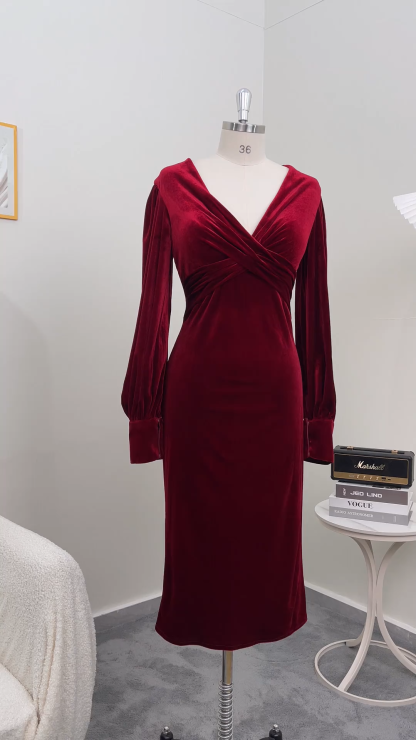 Cabernet Sheath V-Neck Midi Velvet Formal Dress