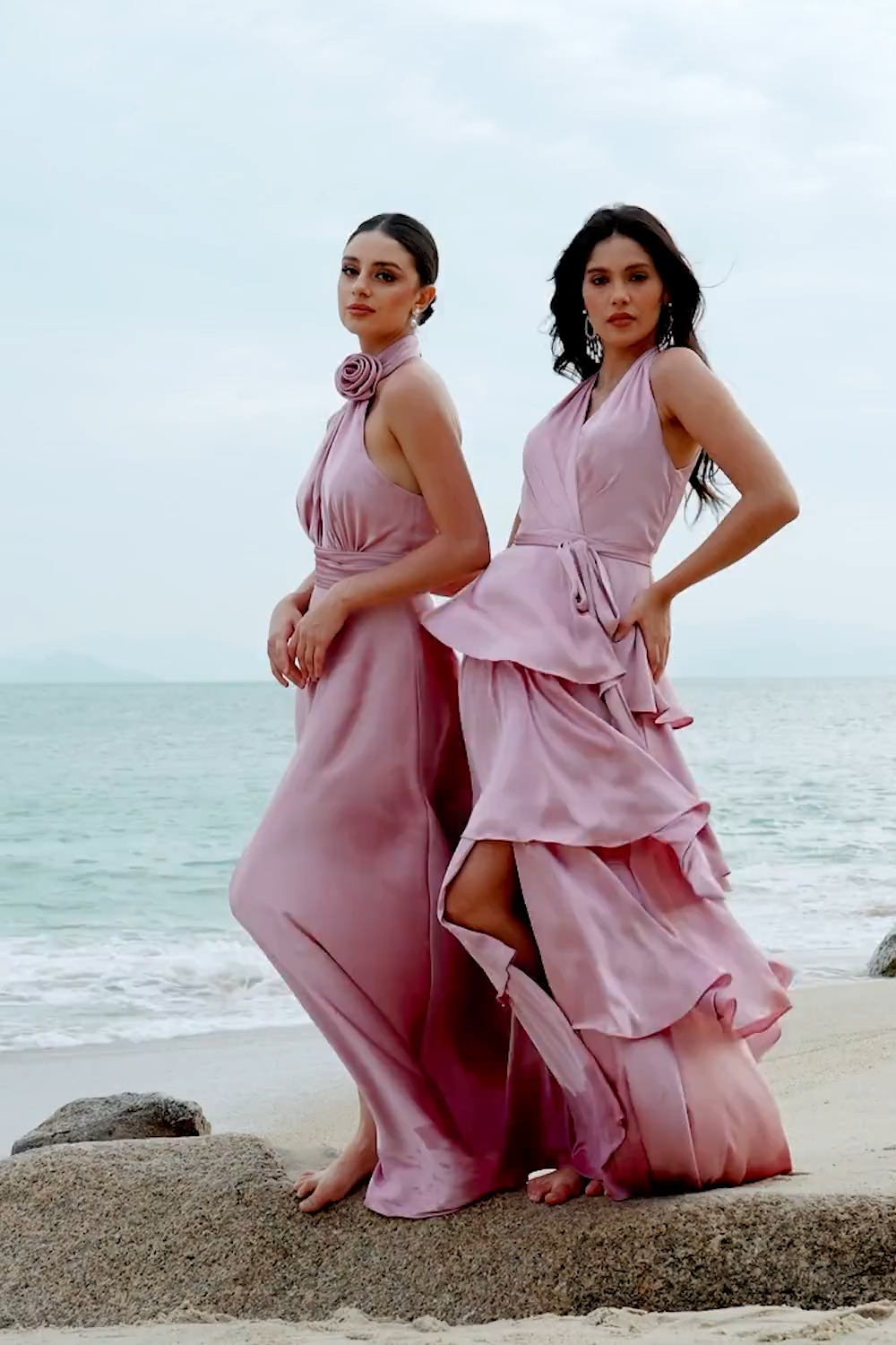 Pink Halter A-Line Satin Bridesmaid Dress with Flower