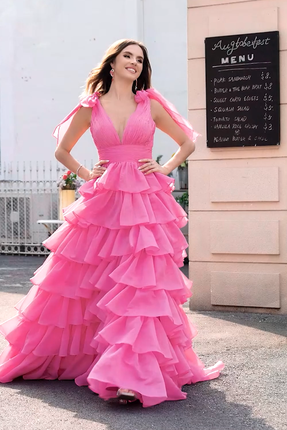 Princess A-Line V-Neck Fuchsia Prom Dress With Slit