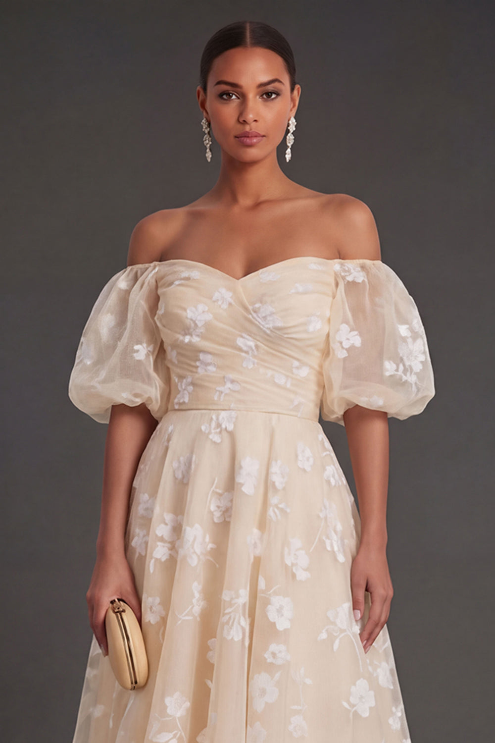 White Floral Appliqued Off the Shoulder Midi Beach Engagement Dress