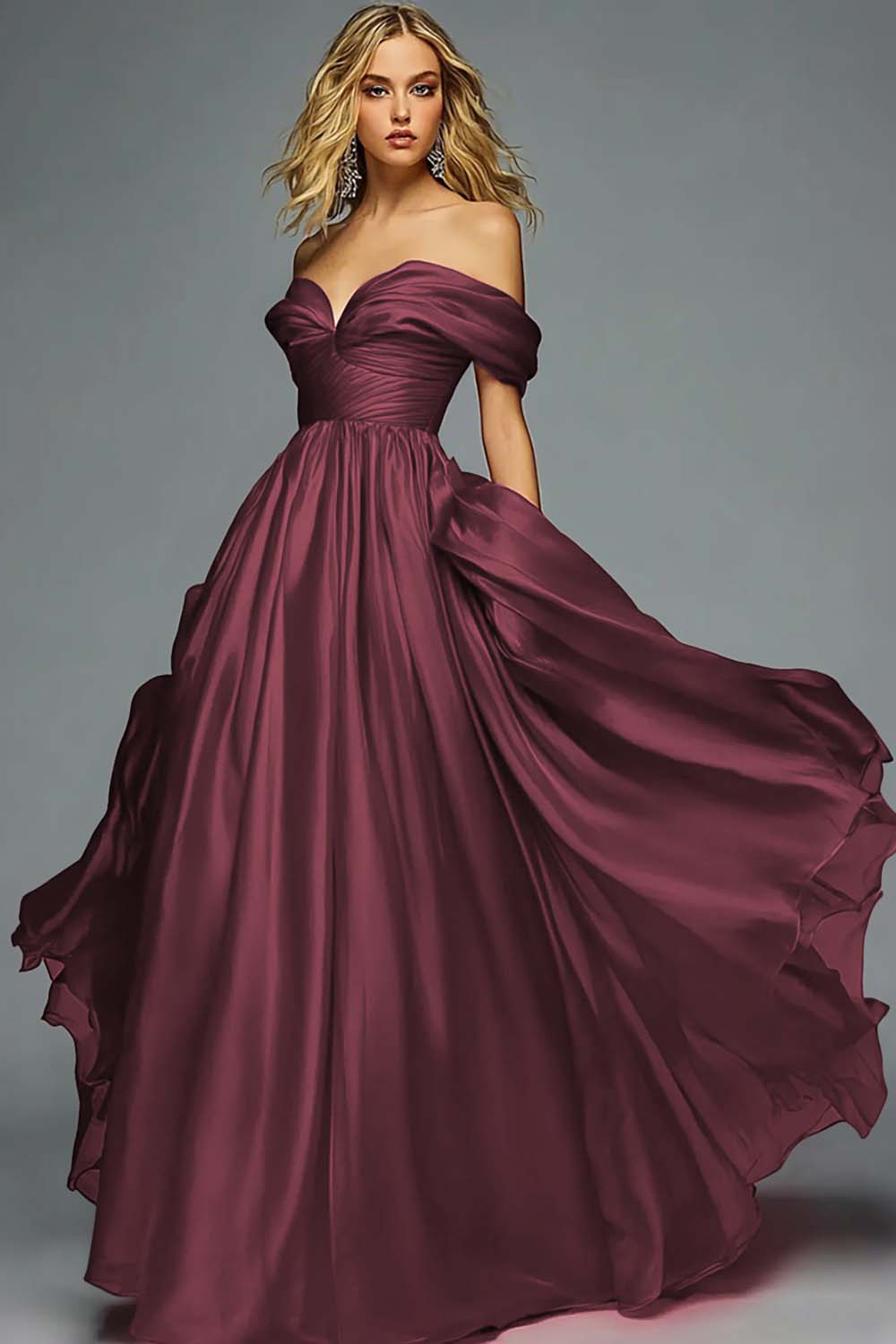 Red Satin A Line Off the Shoulder Ruched Long Prom Dress
