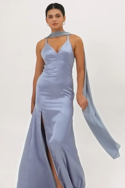Simple Dusty Blue Satin Sheath Maxi Bridesmaid Dress with Slit