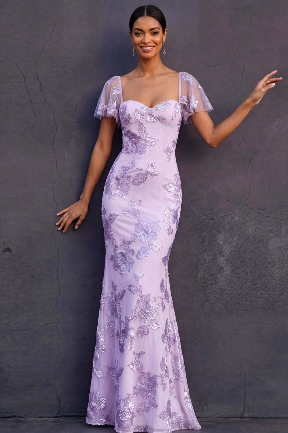 Light Blue Mermaid Floral Appliqued Long Formal Dress with Sleeves