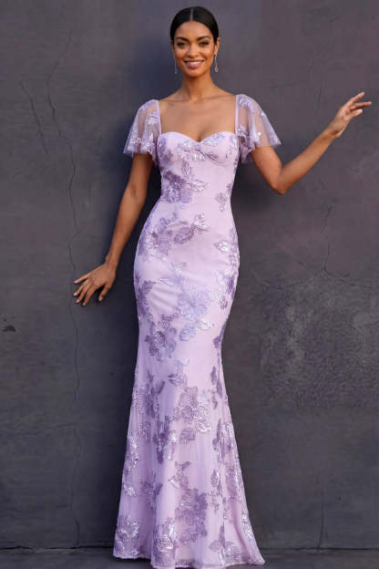 Light Blue Mermaid Floral Appliqued Long Formal Dress with Sleeves