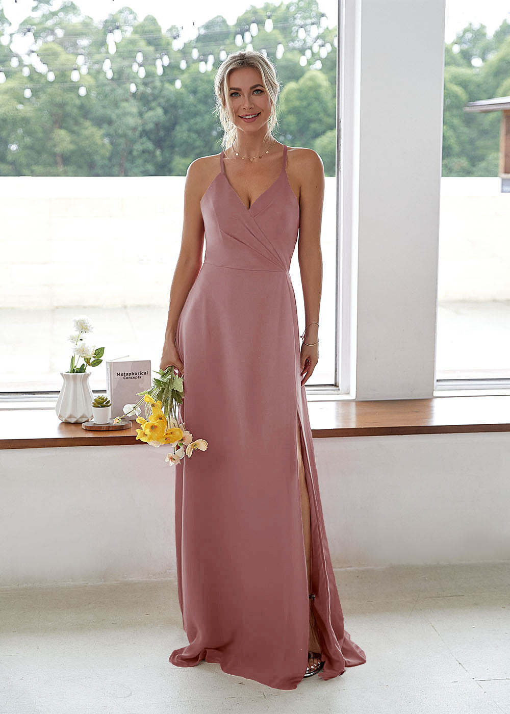 V-neck High Slit Bridesmaid Dress