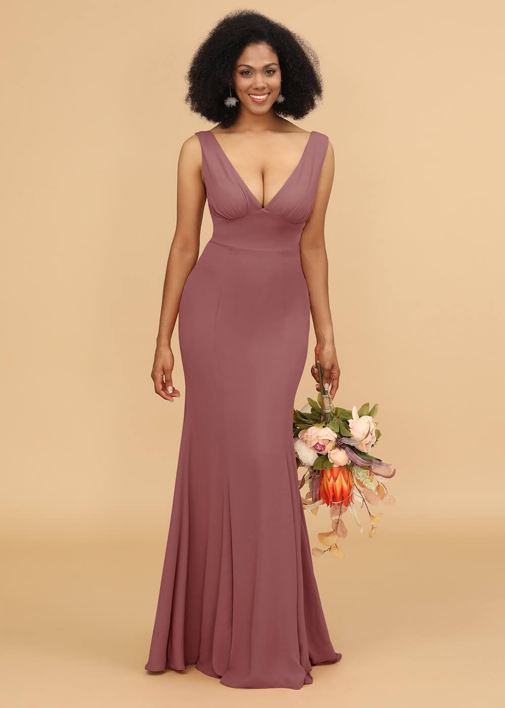 V-neck Trumpet Long Bridesmaid Dress