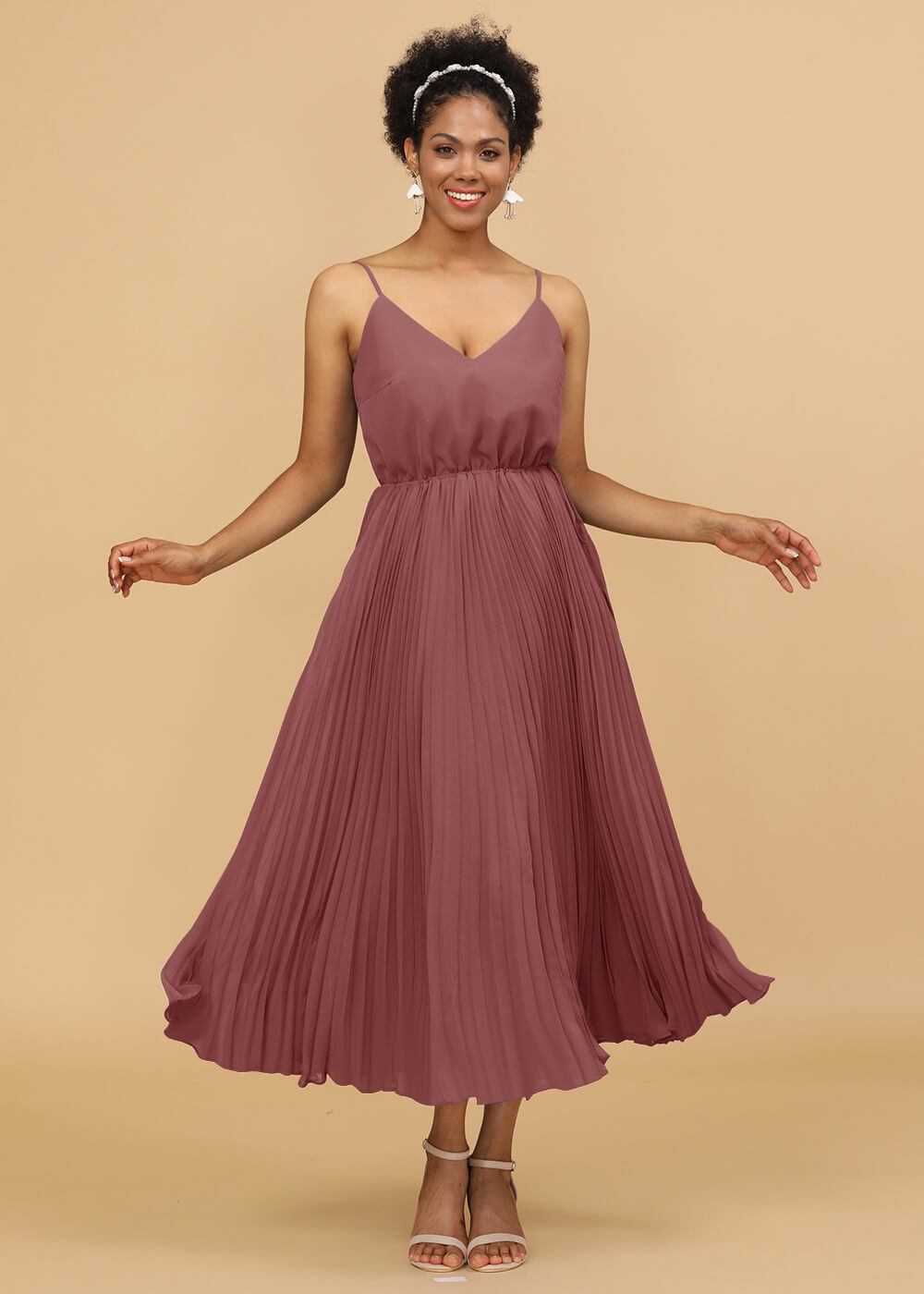 V-neck Spaghetti Strap Tea Length Bridesmaid Dress