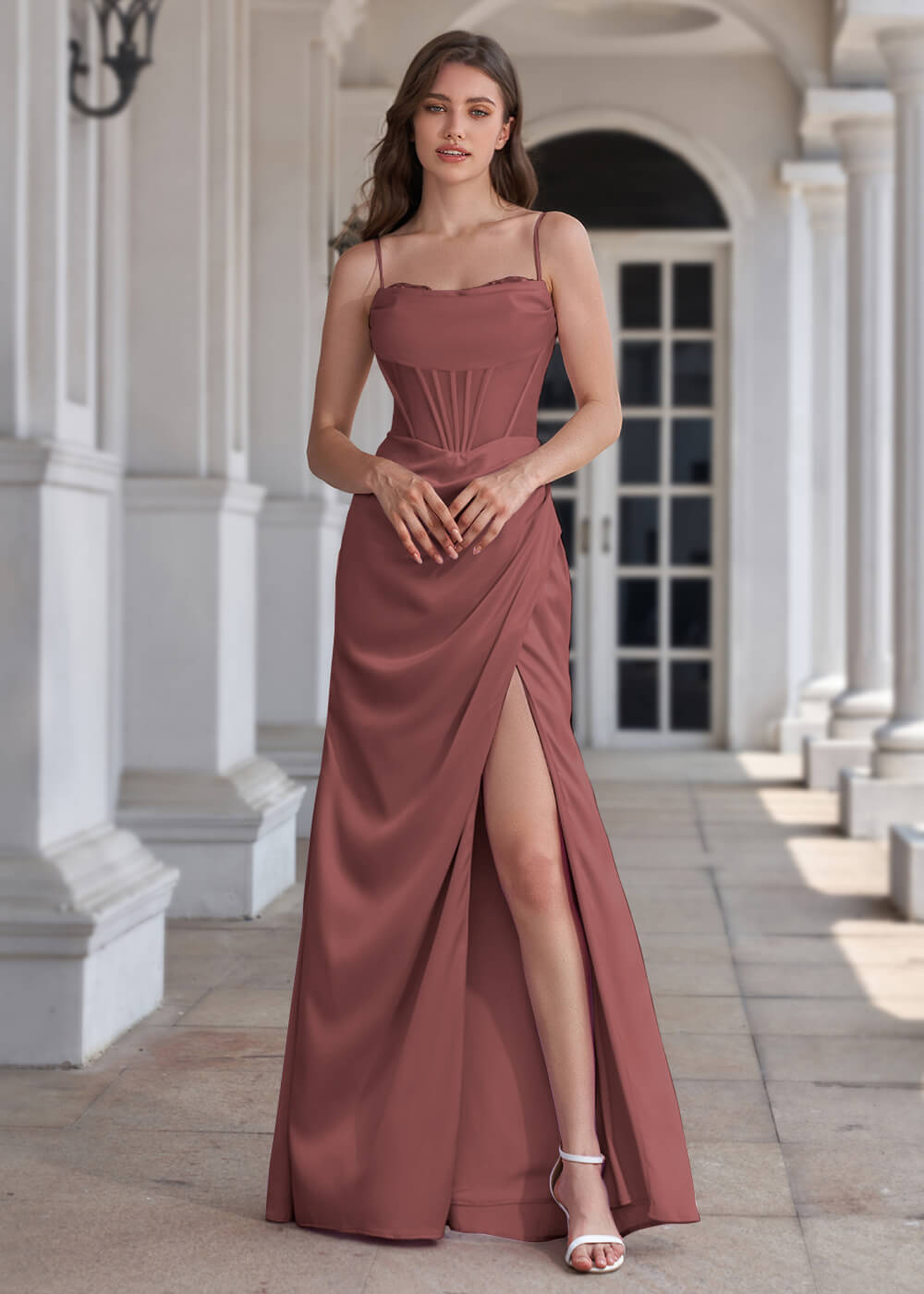 Spaghetti Strap Corset Crepe Sheath Floor Length Bridesmaid Dress