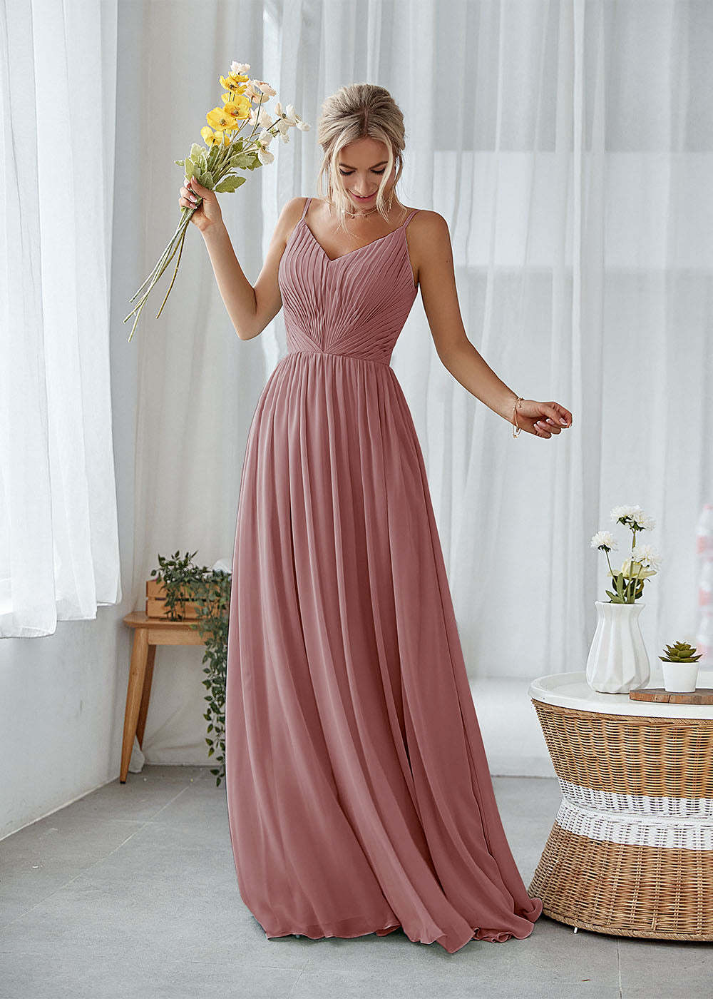 A-line V-neck Pleated Bridesmaid Dress