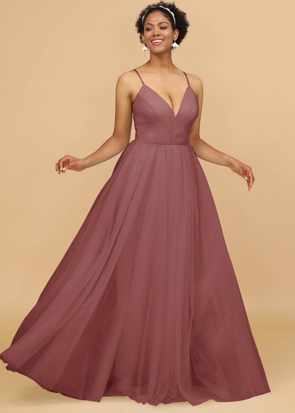 Deep V-neck Strap Tulle Bridesmaid Dress