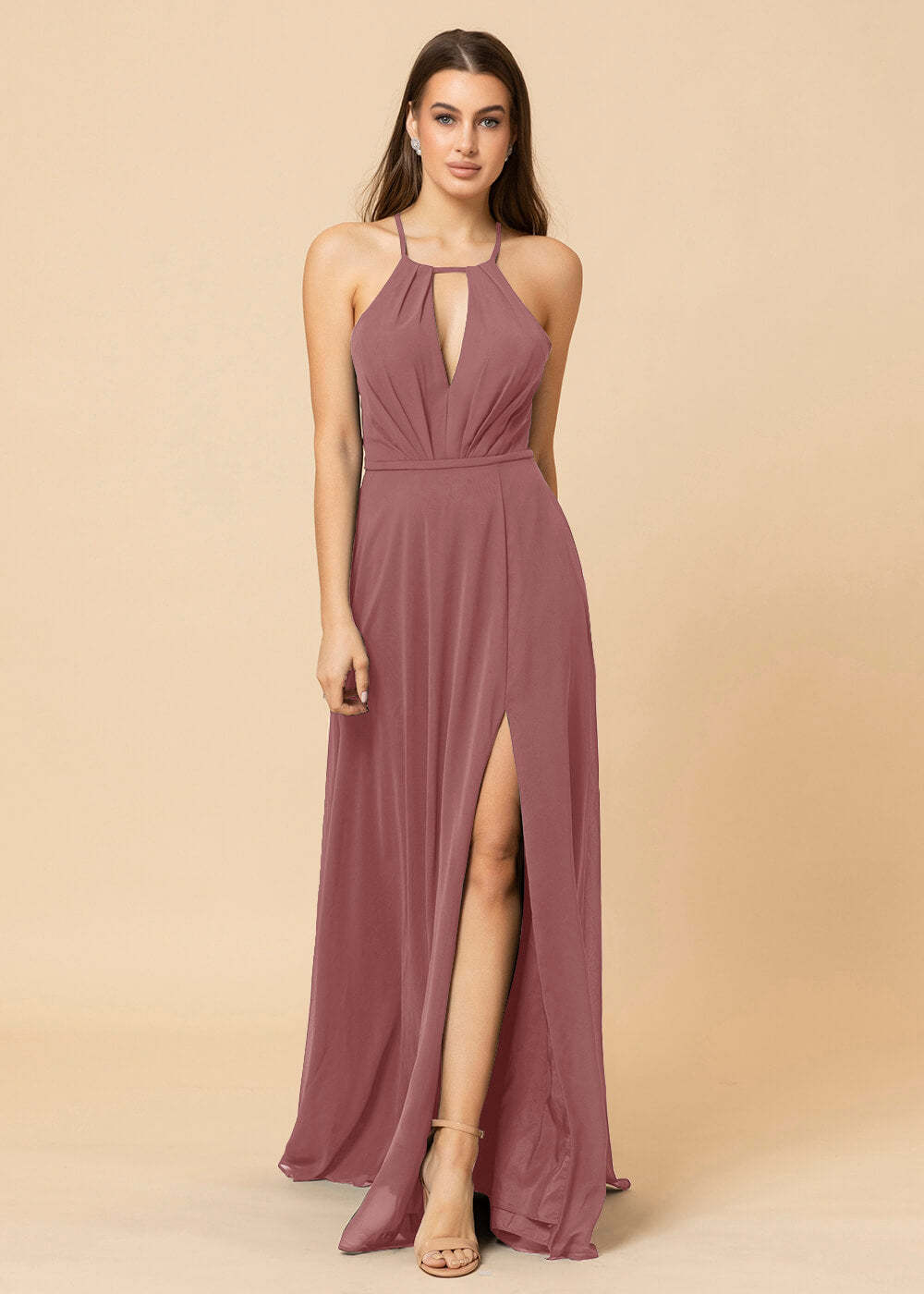 Halter Neck Chiffon Floor Length Bridesmaid Dress