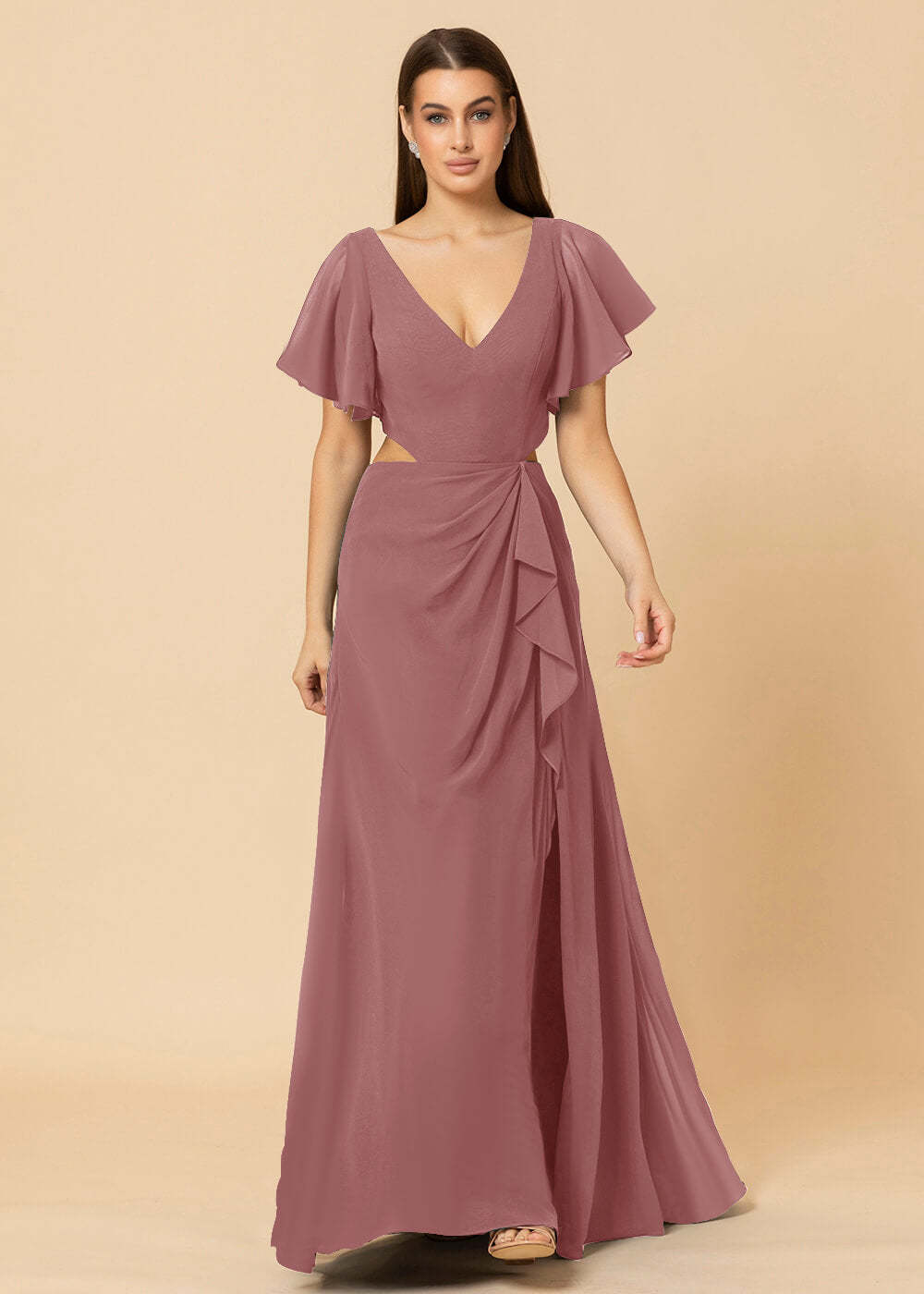 V-neck Waist Cut Out Floor Length Bridesmaid Dress