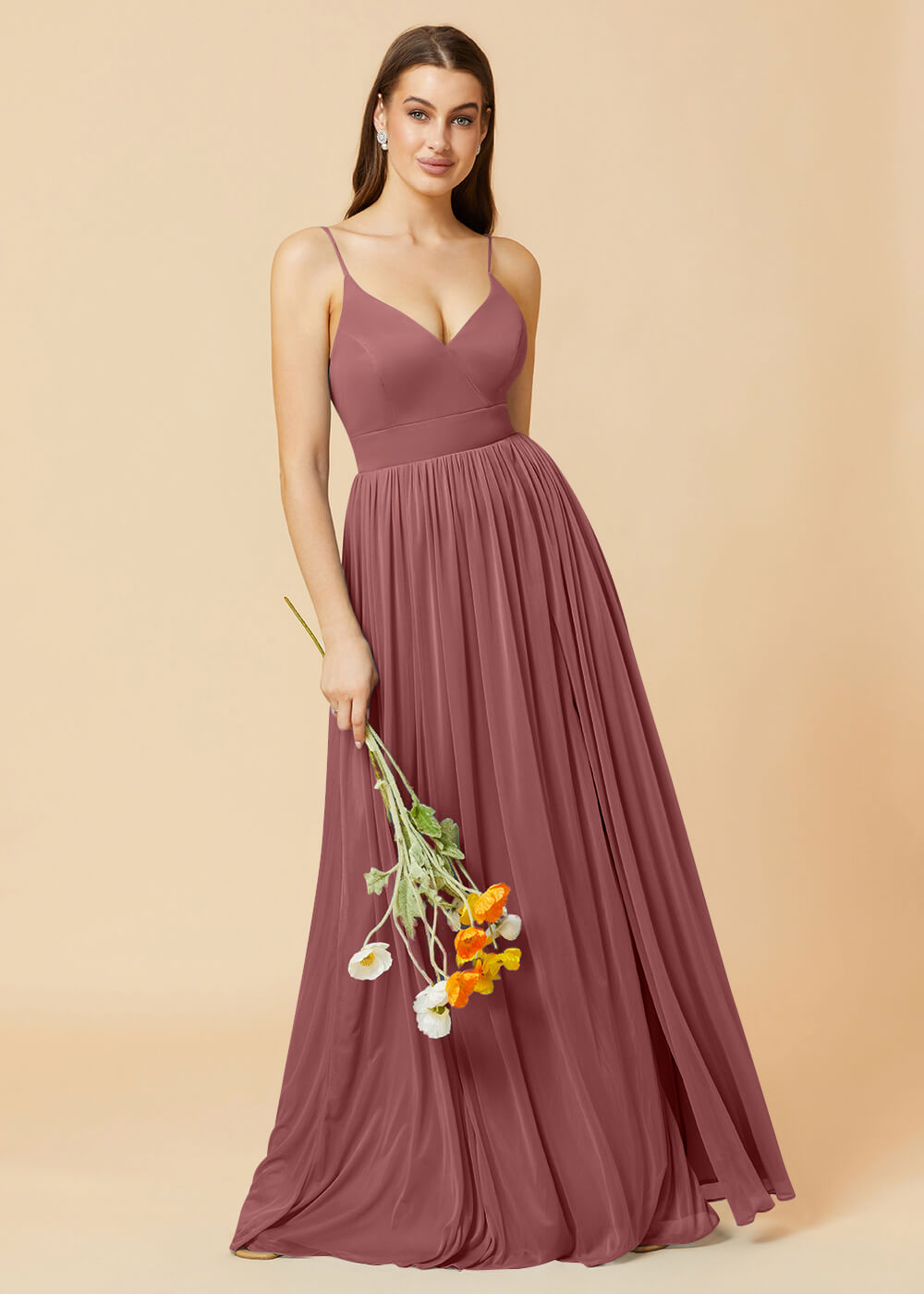 V-neck Spaghetti Strap Open Back Chiffon Bridesmaid Dress