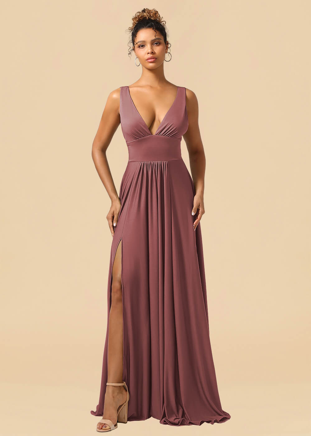 Deep V-neck Spandex A-line Maxi Bridesmaid Dress with Slit