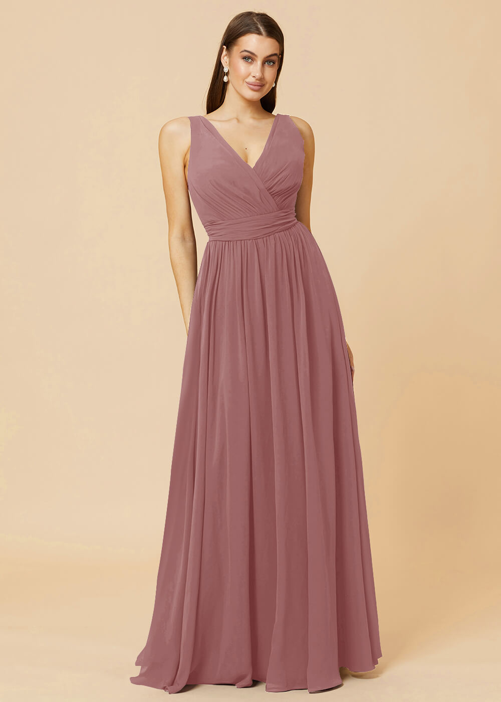 V-neck Pleated Tie Back Chiffon Bridesmaid Dress