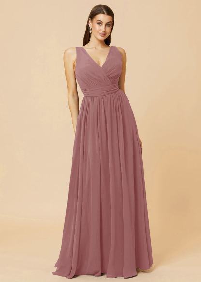 V-neck Pleated Tie Back Chiffon Bridesmaid Dress