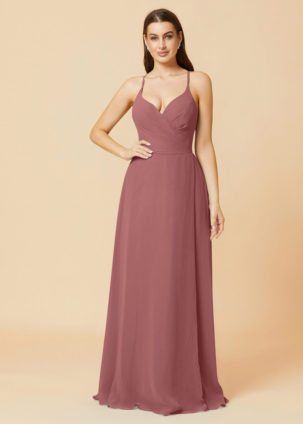 V-neck Spaghetti Strap Button Back Chiffon Bridesmaid Dress