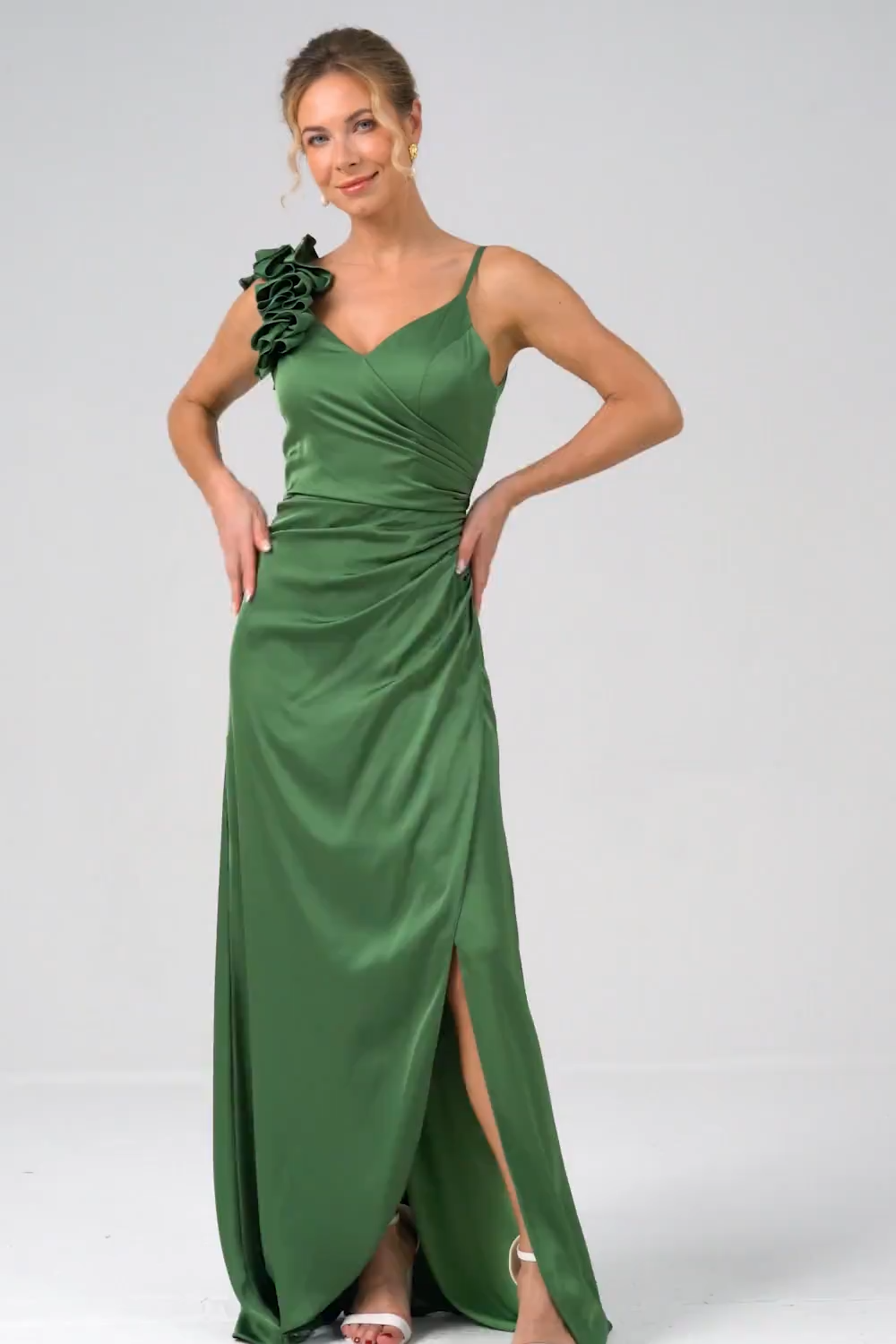 Olive Green Pleated Satin Bridesmaid Dress with Slit
