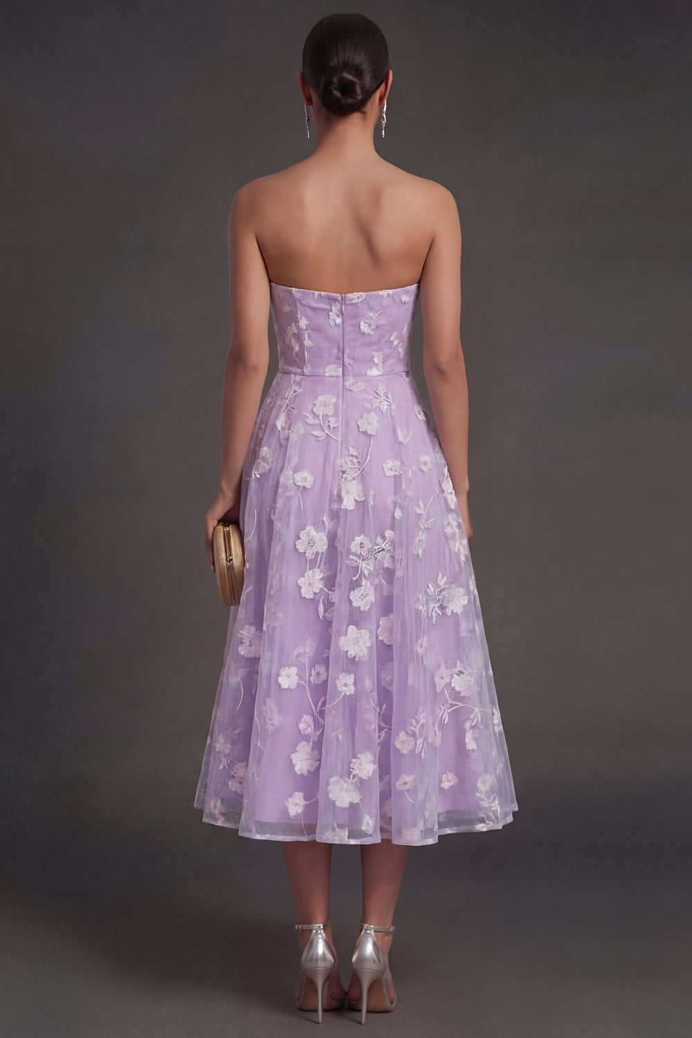 White Floral Appliqued Strapless Midi Beach Engagement Dress