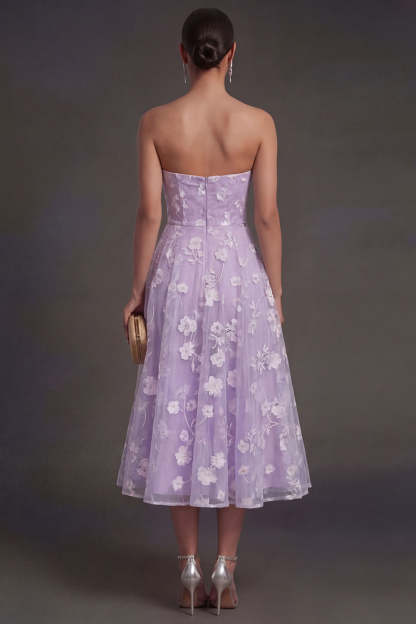 White Floral Appliqued Strapless Midi Beach Engagement Dress