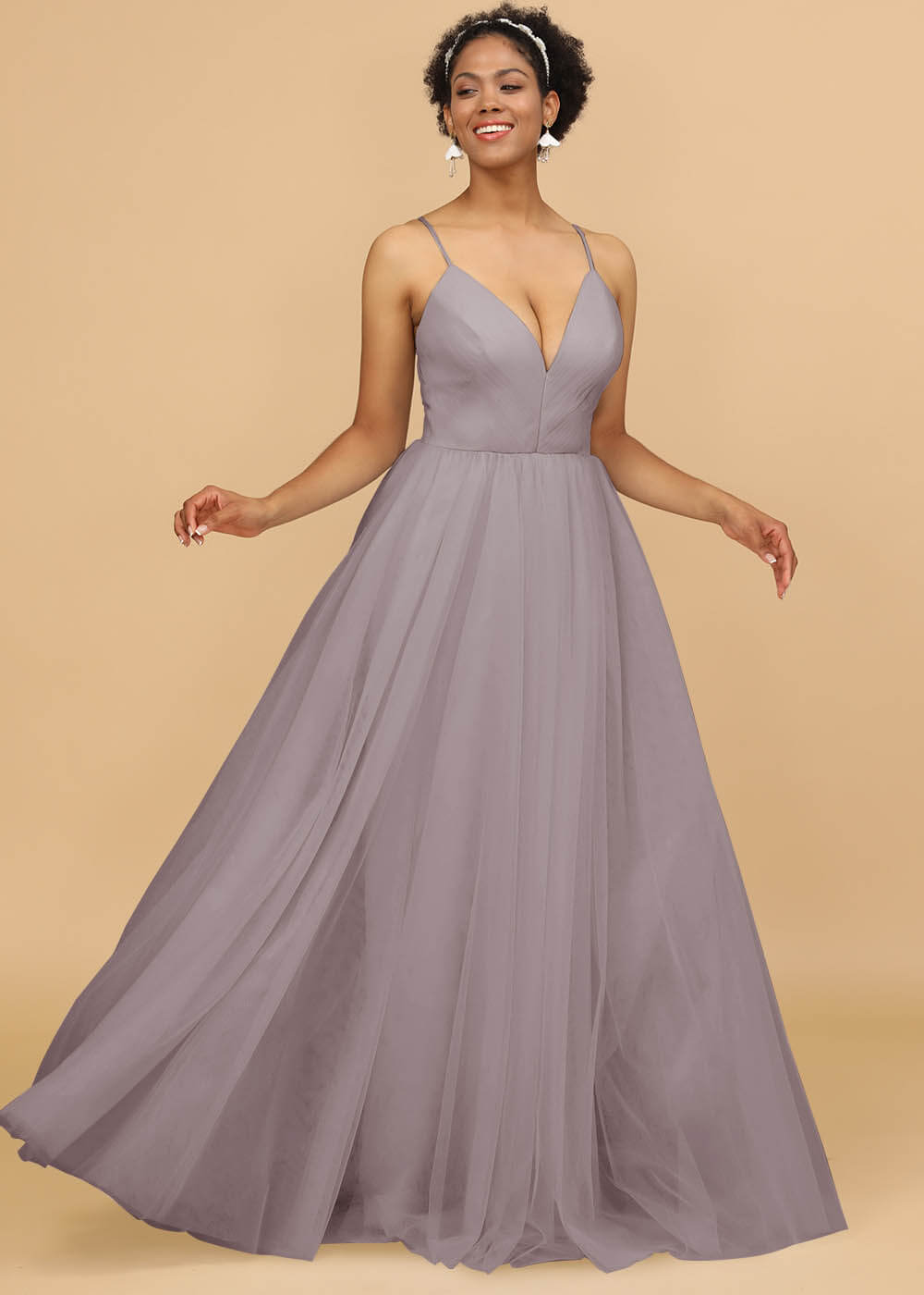 Deep V-neck Strap Tulle Bridesmaid Dress
