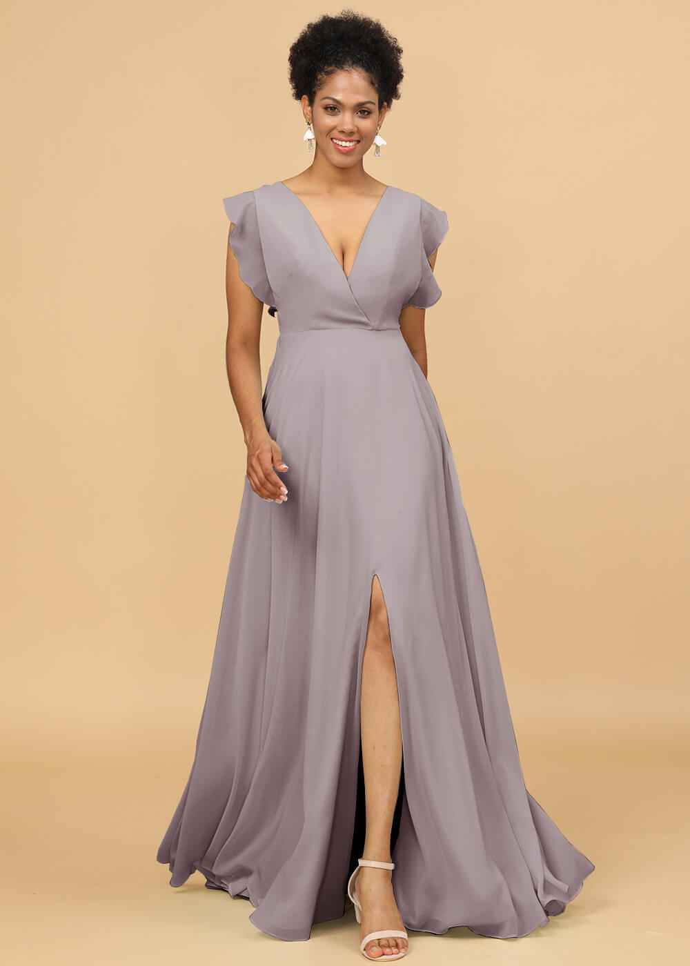 V-neck Ruffles Cap Sleeve Chiffon Bridesmaid Dress