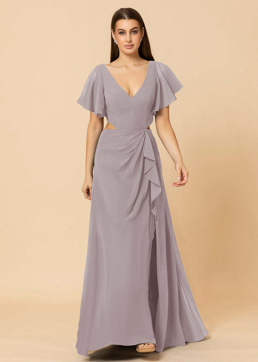 V-neck Waist Cut Out Floor Length Bridesmaid Dress