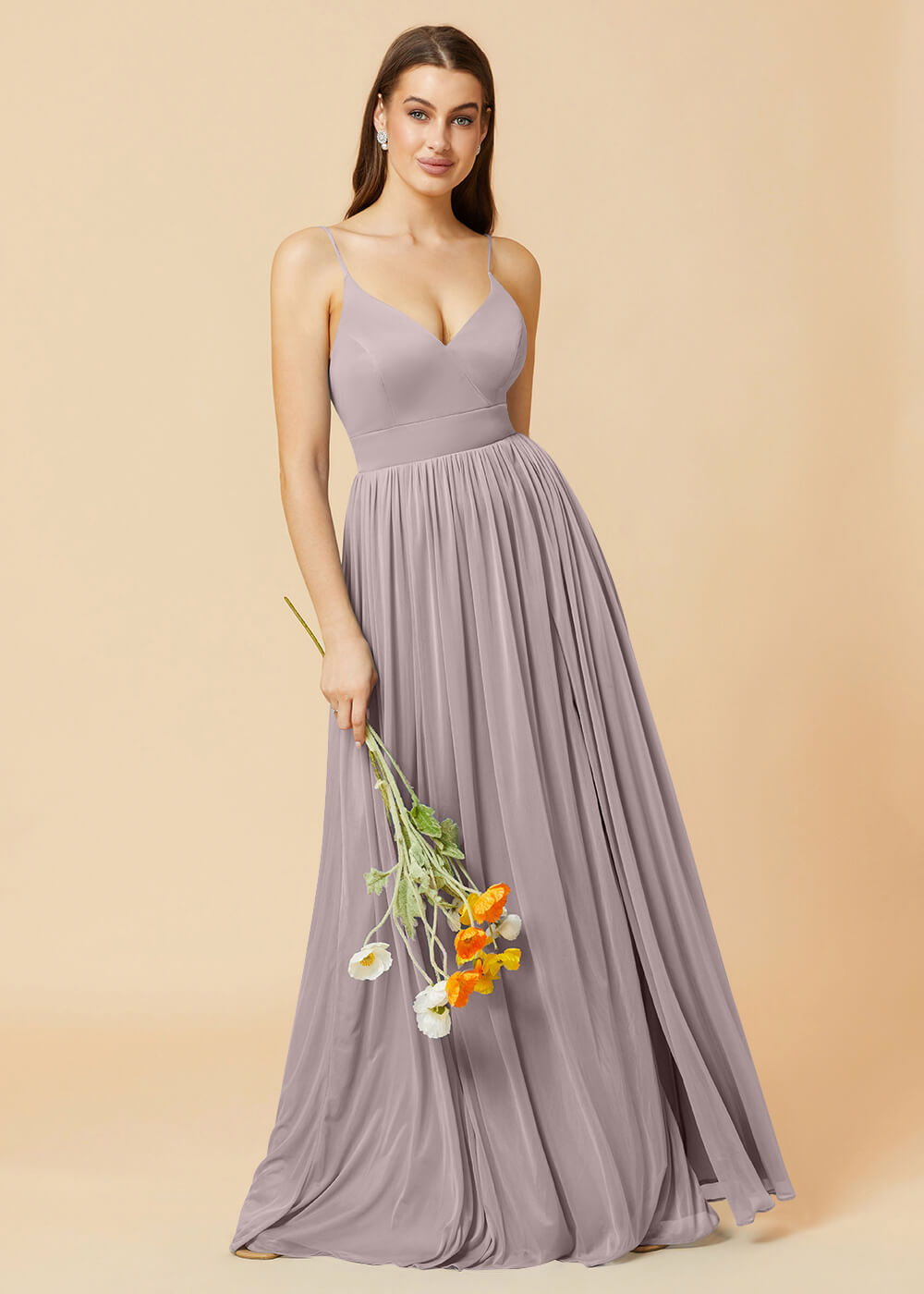 V-neck Spaghetti Strap Open Back Chiffon Bridesmaid Dress