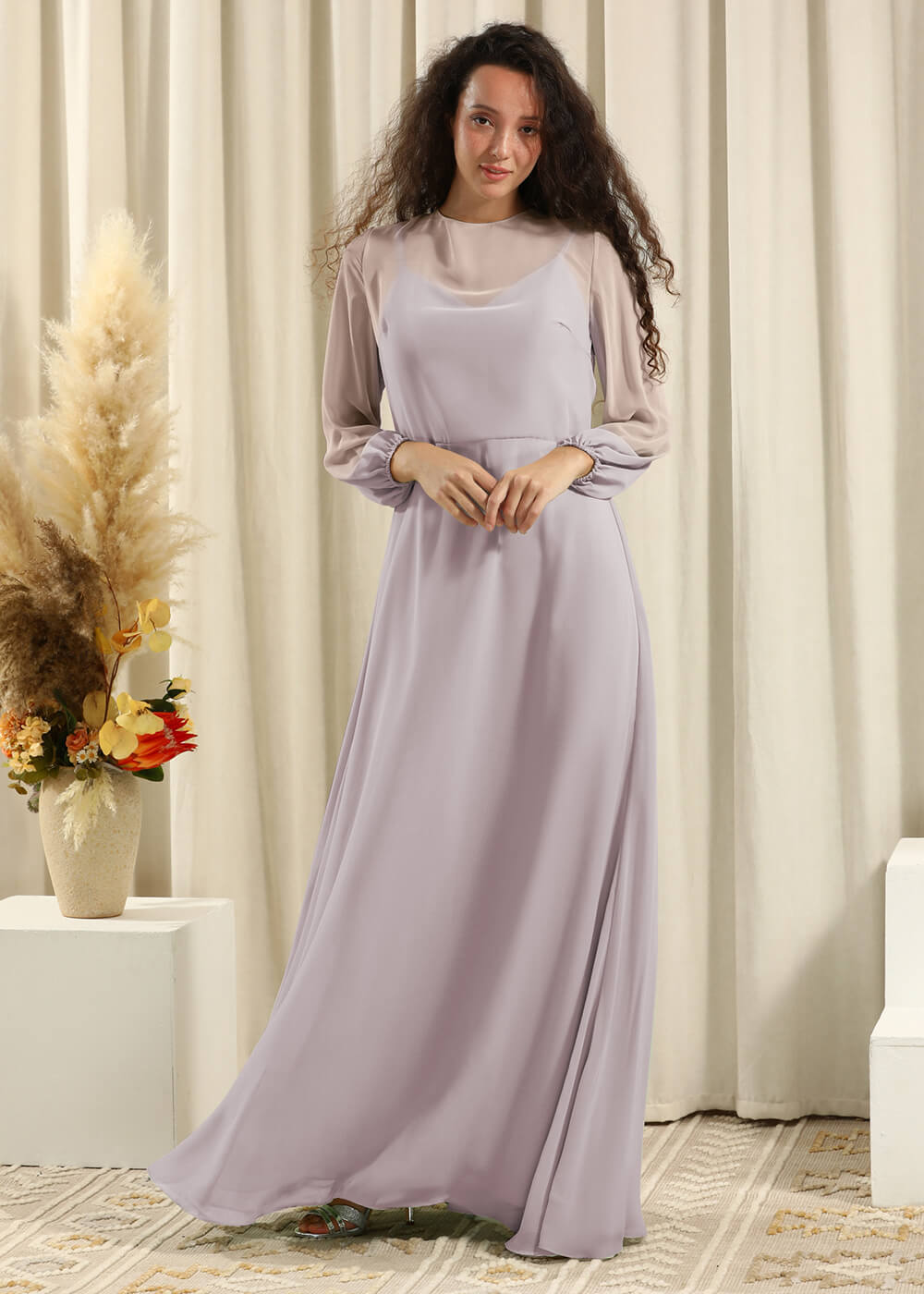 Long Sleeve A-line Chiffon Keyhole Back Bridesmaid Dress
