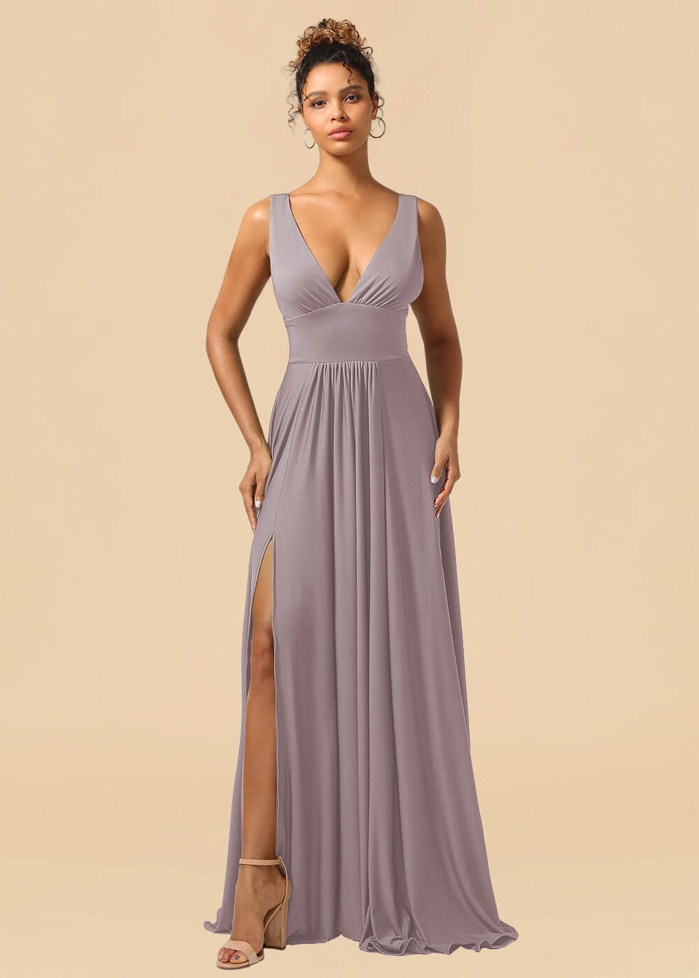 Deep V-neck Spandex A-line Maxi Bridesmaid Dress with Slit
