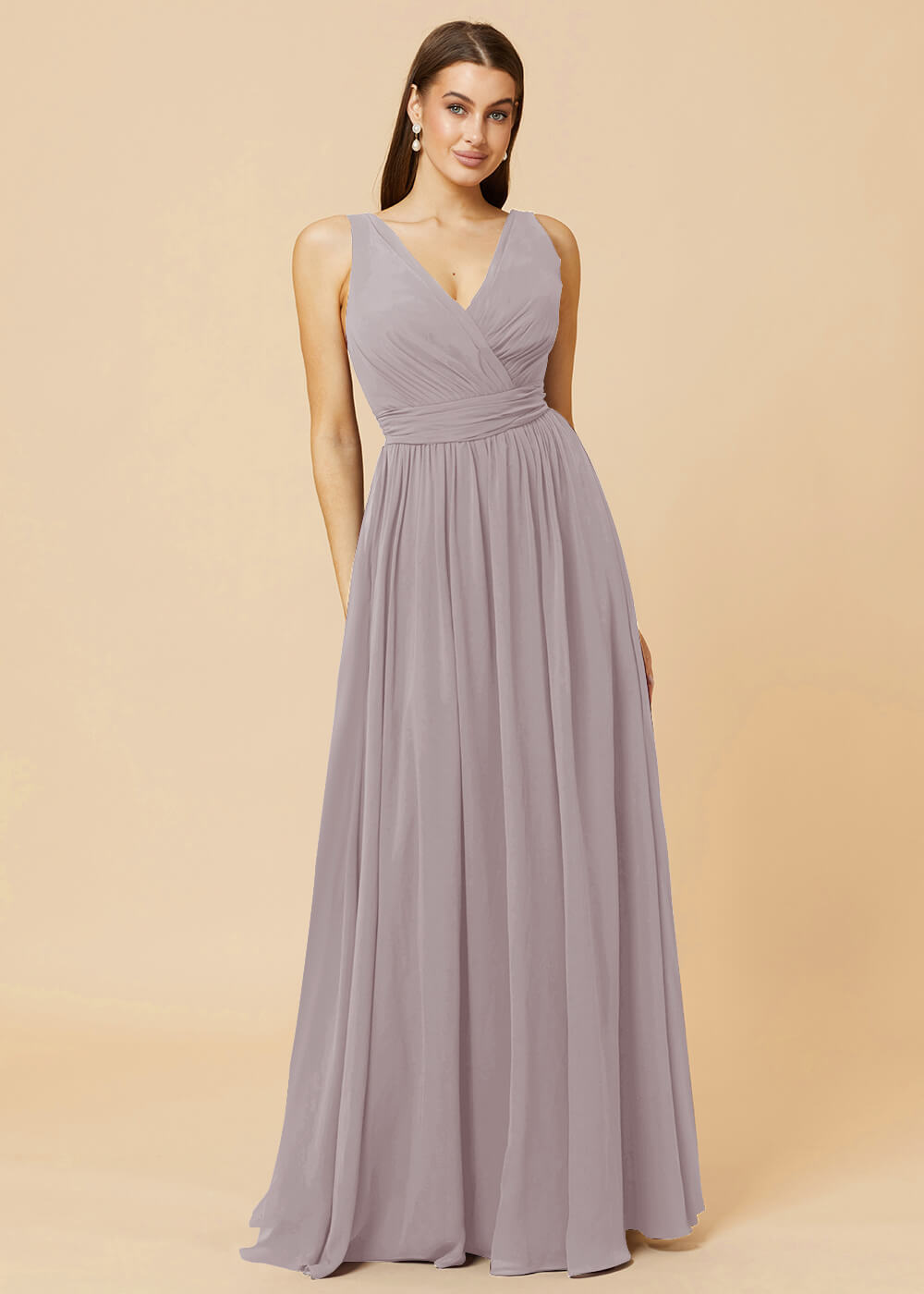V-neck Pleated Tie Back Chiffon Bridesmaid Dress