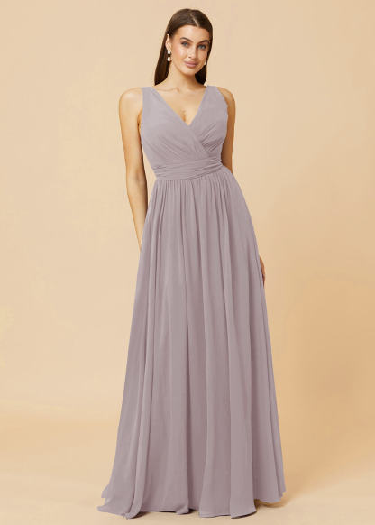 V-neck Pleated Tie Back Chiffon Bridesmaid Dress