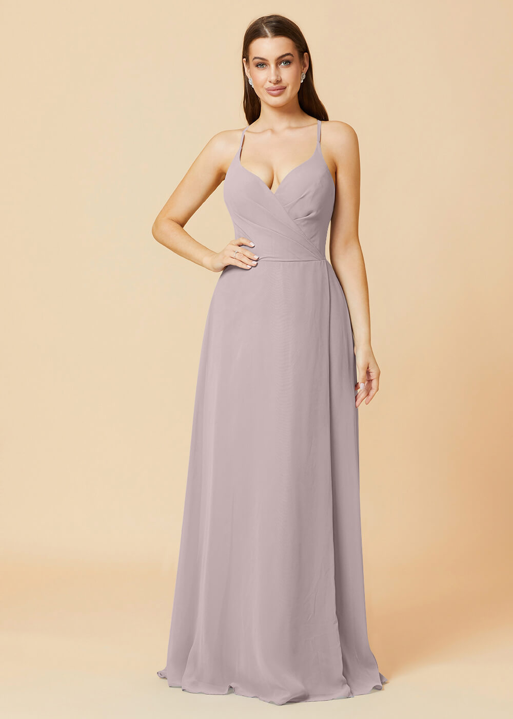 V-neck Spaghetti Strap Button Back Chiffon Bridesmaid Dress