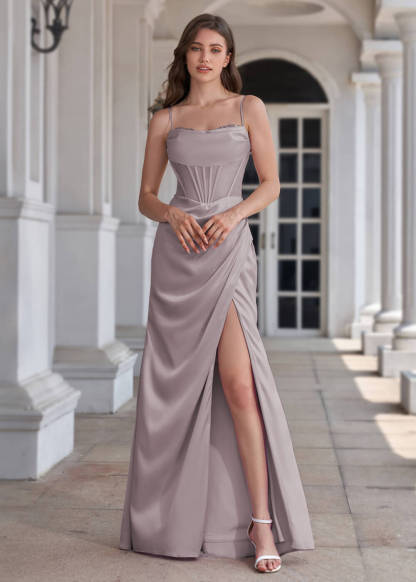 Spaghetti Strap Corset Crepe Sheath Floor Length Bridesmaid Dress