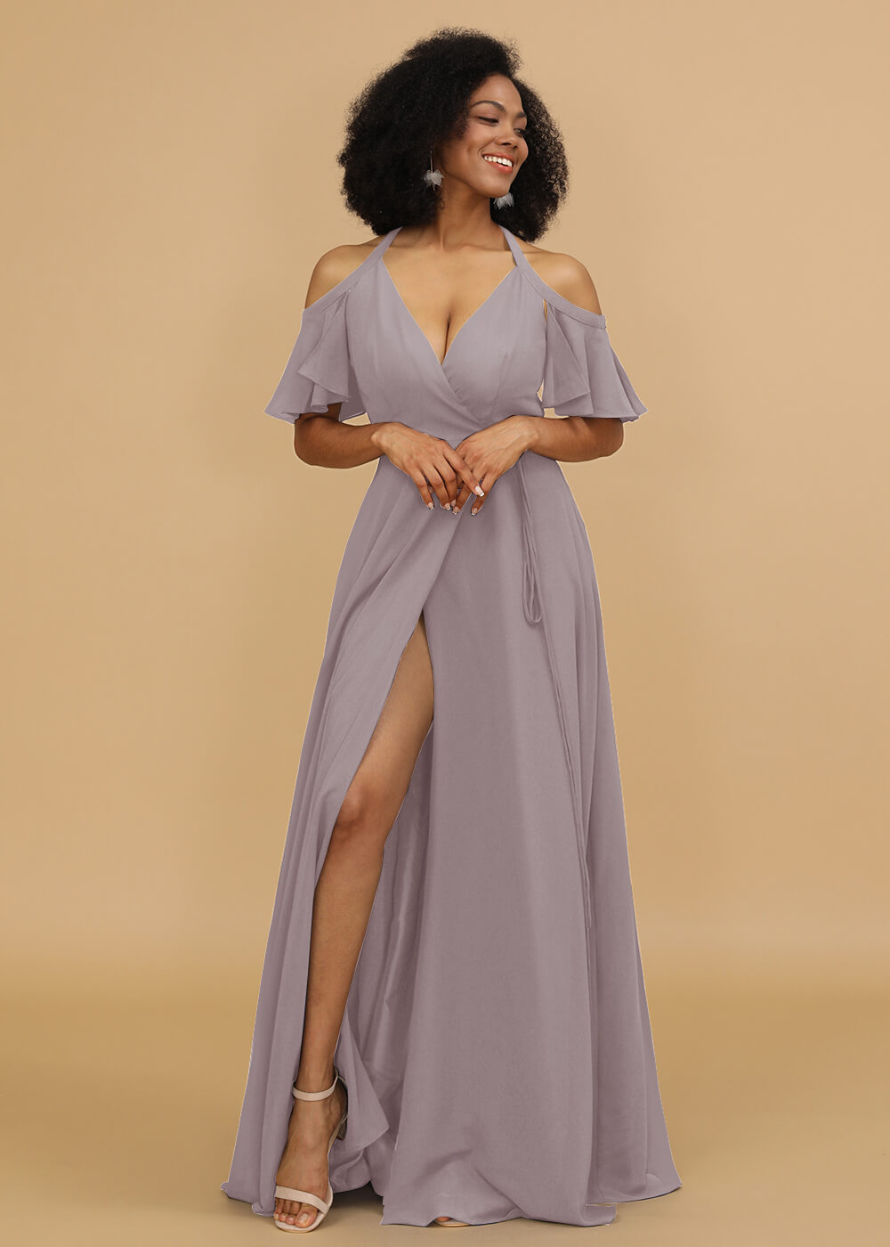 Ruffles Sleeves A-line Wrap Bridesmaid Dress