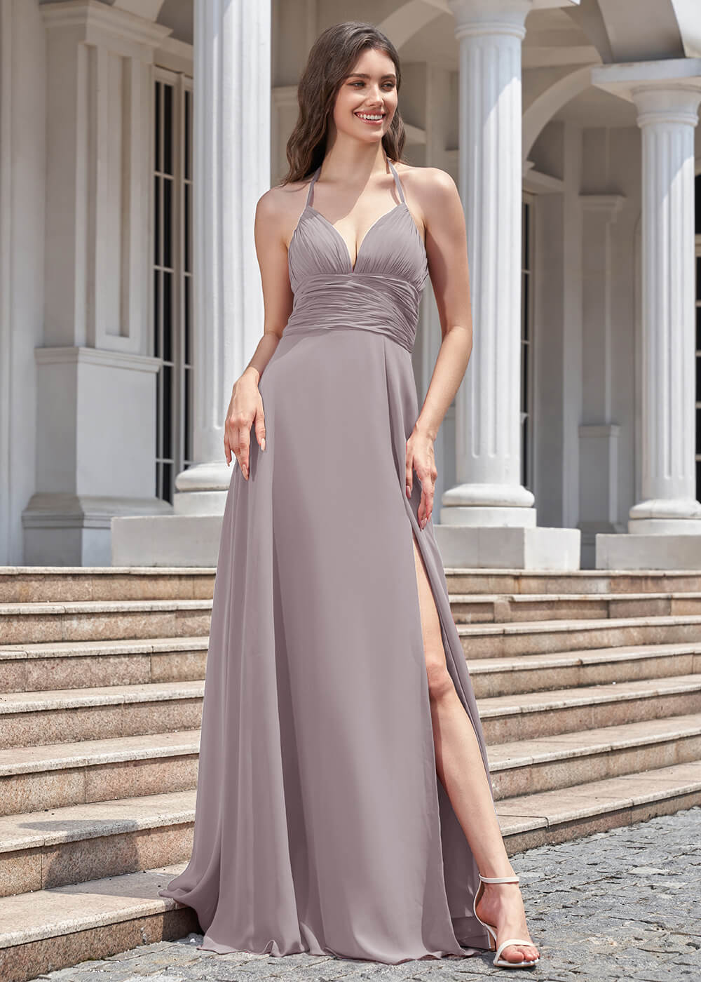 Deep V Halter Neck Pleated A-line Chiffon Long Bridesmaid Dress