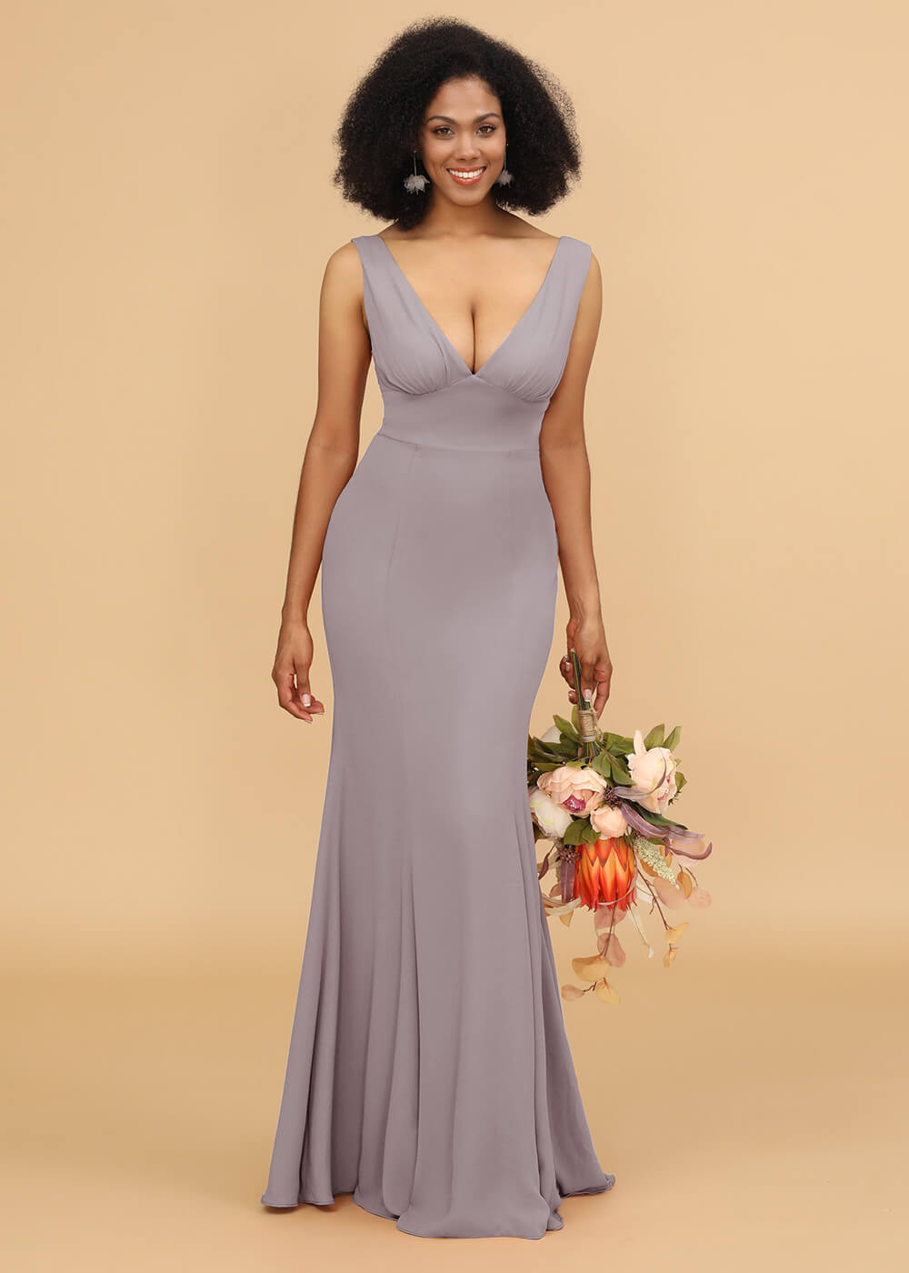 V-neck Trumpet Long Bridesmaid Dress